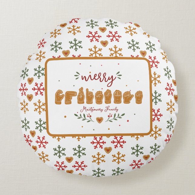 Aangepaste ASL Prettig Kerst Gingerbread Handen Rond Kussen (Voorkant)