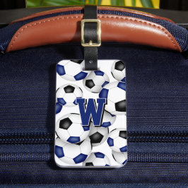 Aangepaste atleet monogram blauw zwarte voetballen bagagelabel