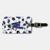 Aangepaste atleet monogram blauw zwarte voetballen bagagelabel (Voorkant horizontaal)