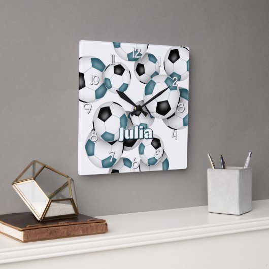 Aangepaste atleet naam blauwgroen zwart voetbal vierkante klok (Kantoor)