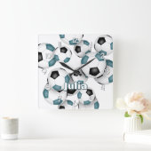 Aangepaste atleet naam blauwgroen zwart voetbal vierkante klok (Huis)