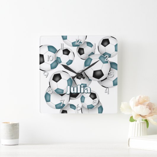 Aangepaste atleet naam blauwgroen zwart voetbal vierkante klok (Huis)