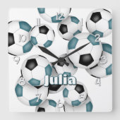 Aangepaste atleet naam blauwgroen zwart voetbal vierkante klok (Voorkant)