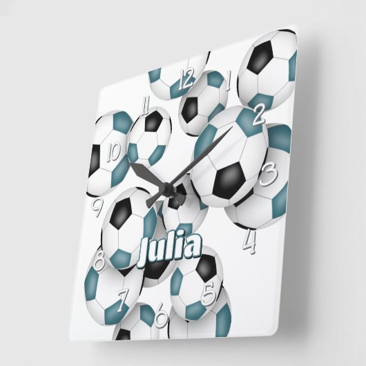 Aangepaste atleet naam blauwgroen zwart voetbal vierkante klok (Hoek)
