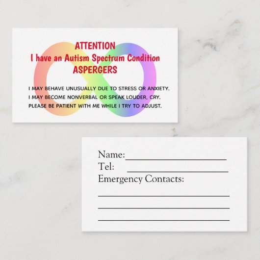 Aangepaste autisme-waarschuwingskaarten voor organ visitekaartje (Voorkant / Achterkant)