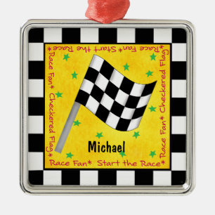 Aangepaste automatische Race Fan Checkered Flag Na Metalen Ornament