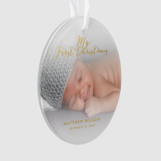 Aangepaste Baby Boyl Gold Script Eerste kerstfoto Ornament (voorkant)