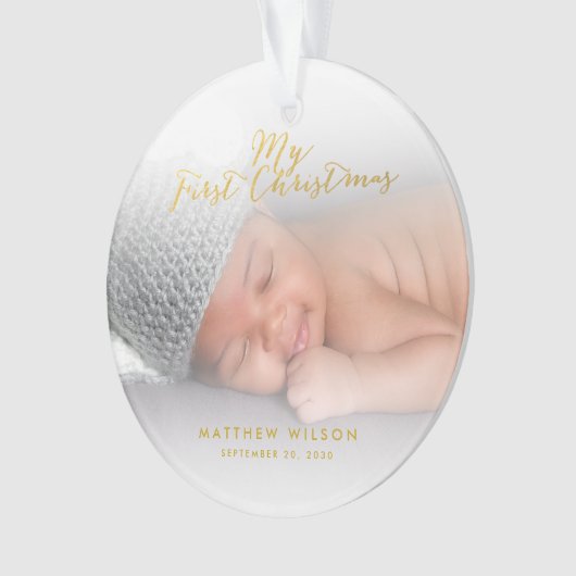 Aangepaste Baby Boyl Gold Script Eerste kerstfoto Ornament (voorkant)