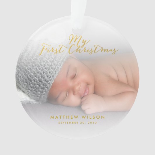 Aangepaste Baby Boyl Gold Script Eerste kerstfoto Ornament (voorkant)