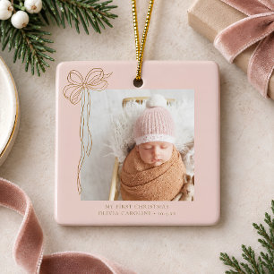 Aangepaste baby eerste kerst blozend roze strik fo keramisch ornament