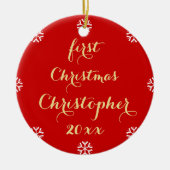 Aangepaste Baby eerste kerstfeestelijke Gold Scrip Keramisch Ornament (Voorkant)