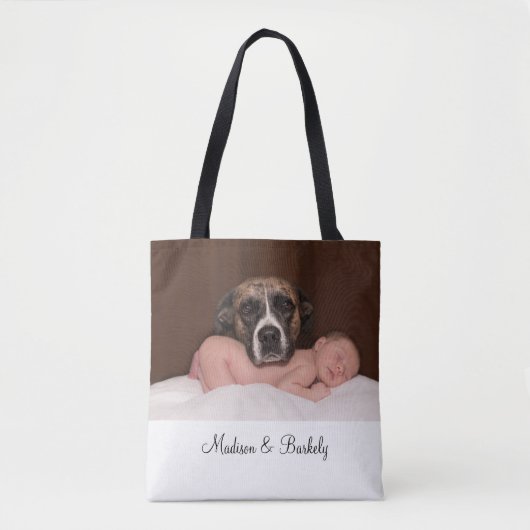 Aangepaste baby- en hondenfoto dubbelzijdige tote bag (Voorkant)