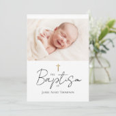 Aangepaste Baby Foto Doopsel Gouden kruis Chic Kaart (Staand voorkant)