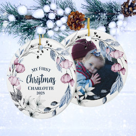 Aangepaste Baby foto Elegante bloemenkerst Keramisch Ornament