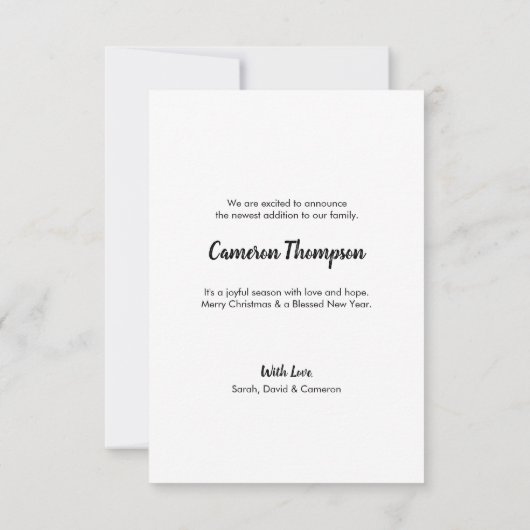 Aangepaste Baby Foto Joyful Script Kerstbevalling Kaart (Achterkant)