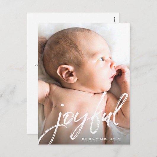 Aangepaste Baby Foto Joyful Script Kerstgeboorte Feestdagenkaart (Voorkant / Achterkant)
