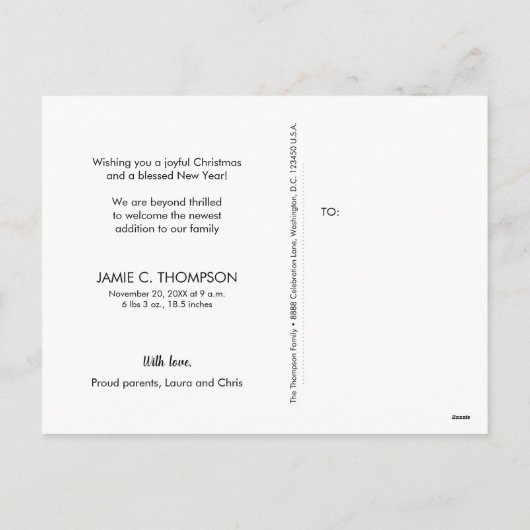 Aangepaste Baby Foto Joyful Script Kerstgeboorte Feestdagenkaart (Achterkant)