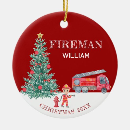 Aangepaste Baby Foto Keepsake Fireman Kerstboom Keramisch Ornament (Voorkant)