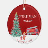 Aangepaste Baby Foto Keepsake Fireman Kerstboom Keramisch Ornament (Links)