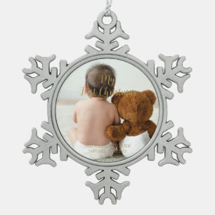 Aangepaste Baby foto Mijn eerste kerst gouden scri Tin Sneeuwvlok Ornament