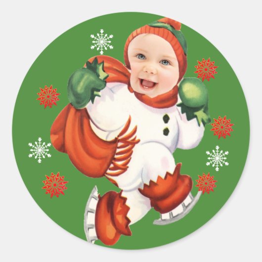 Aangepaste Baby Fotobrochure met kerstsnowflakes Ronde Sticker (Voorkant)
