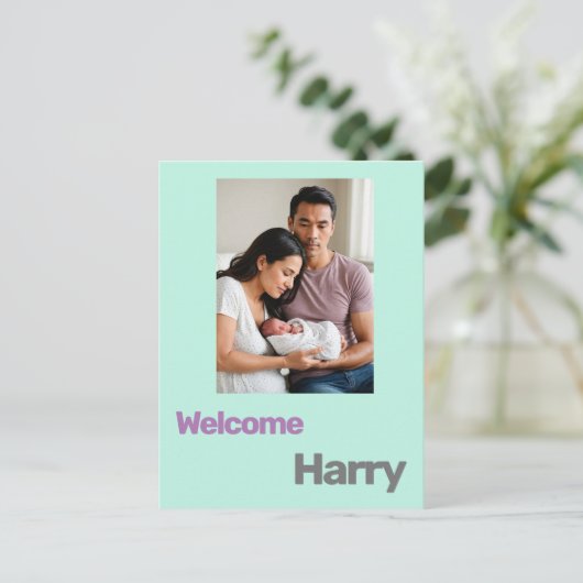 Aangepaste baby Geboorteaankondiging Blauw paarse  Briefkaart (Staand voorkant)