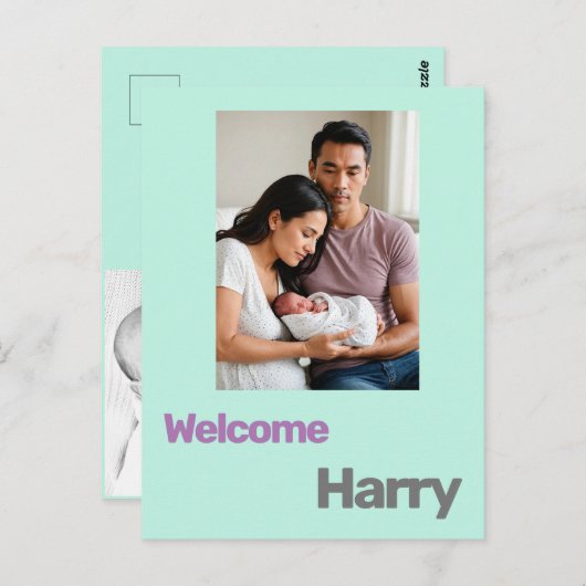 Aangepaste baby Geboorteaankondiging Blauw paarse  Briefkaart (Voorkant / Achterkant)