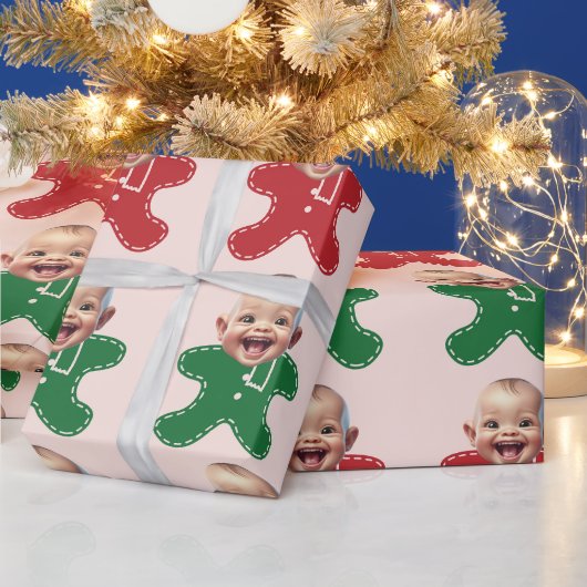 Aangepaste Baby Gezicht Foto Gingerbread Heren Ker Cadeaupapier (Feestdagen)