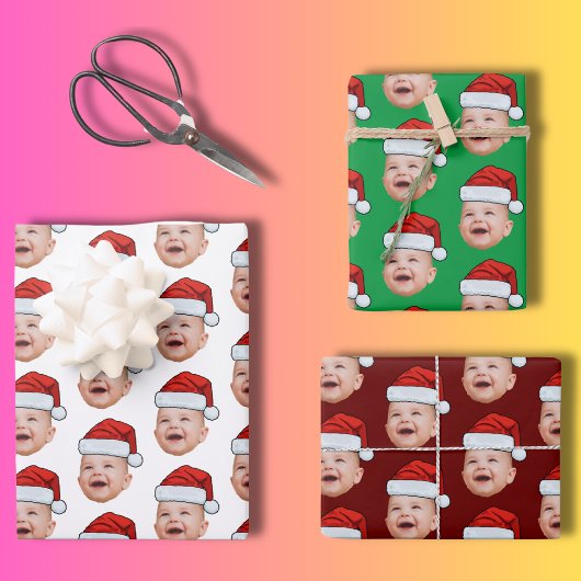 Aangepaste Baby Gezicht Foto Santa Hat Kerstmis Inpakpapier Vel