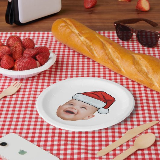 Aangepaste Baby Gezicht Foto Santa Hat Kerstmis Papieren Bordje (Picknick)
