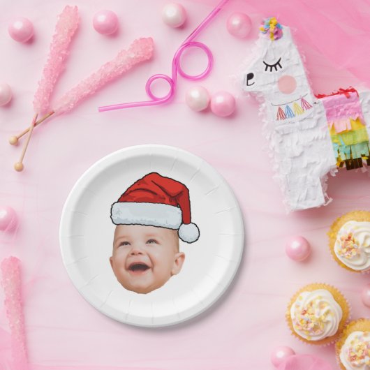 Aangepaste Baby Gezicht Foto Santa Hat Kerstmis Papieren Bordje (Feest)