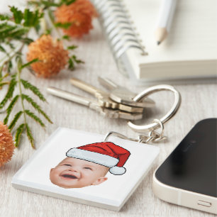 Aangepaste Baby Gezicht Foto Santa Hat Kerstmis Sleutelhanger