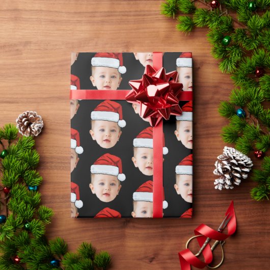 Aangepaste Baby Head Face Foto Santa Hat Xmas Zwar Cadeaupapier (Feestdagen Geschenken)