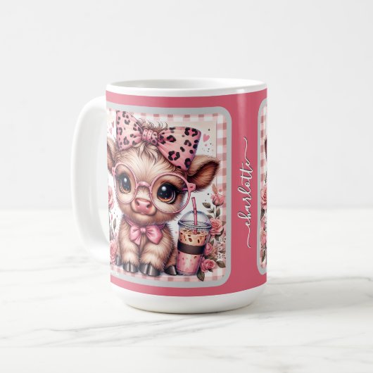 Aangepaste baby Higland-koe in roze luipaardprint  Koffiemok (Voorkant links)