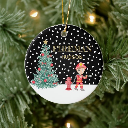 Aangepaste Baby Keepsake Fireman kerstboom Keramisch Ornament (Boom)
