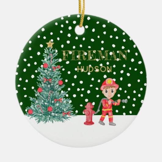 Aangepaste Baby Keepsake Fireman kerstboom Keramisch Ornament (Voorkant)