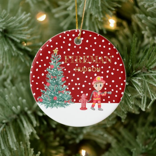 Aangepaste Baby Keepsake Fireman kerstboom Keramisch Ornament (Boom)
