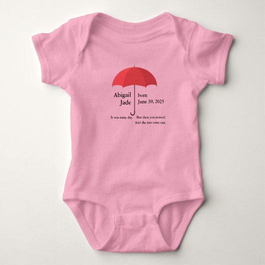 Aangepaste Baby naam en datum onder rode paraplu Romper (Voorkant)