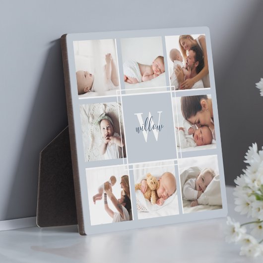 Aangepaste Baby naam en monogram foto Collage Blue Fotoplaat