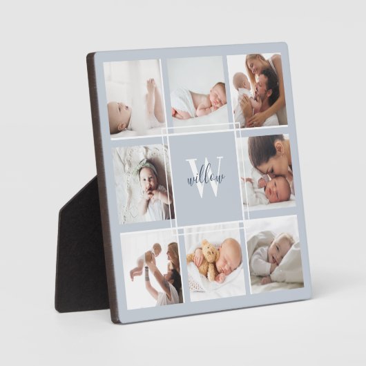 Aangepaste Baby naam en monogram foto Collage Blue Fotoplaat (Voorkant)