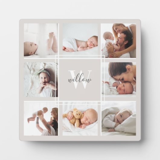 Aangepaste Baby naam en monogram foto Collage Gray Fotoplaat (Voorkant)