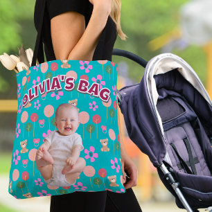 Aangepaste Baby Naam & Foto Turquoise Teddy Gift Tote Bag
