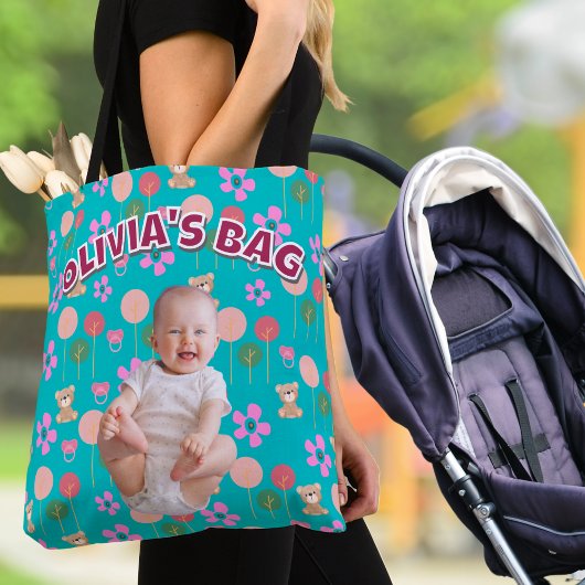 Aangepaste Baby Naam & Foto Turquoise Teddy Gift Tote Bag