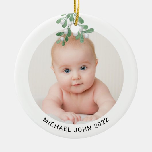 Aangepaste Baby-naam Waterverf voor Kerstmis met f Keramisch Ornament (Voorkant)
