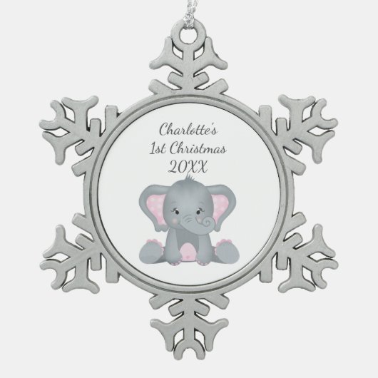 Aangepaste Baby olifant roze Baby, 1 kerst Tin Sneeuwvlok Ornament (Voorkant)