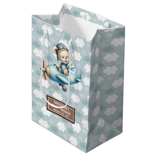 Aangepaste Baby showers tas met Teddy Bear Pilot A Medium Cadeauzakje (Voorkant Gekanteld)