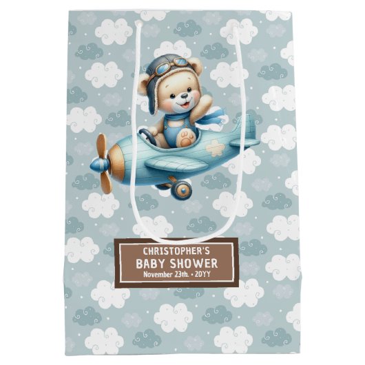 Aangepaste Baby showers tas met Teddy Bear Pilot A Medium Cadeauzakje (Achterkant)