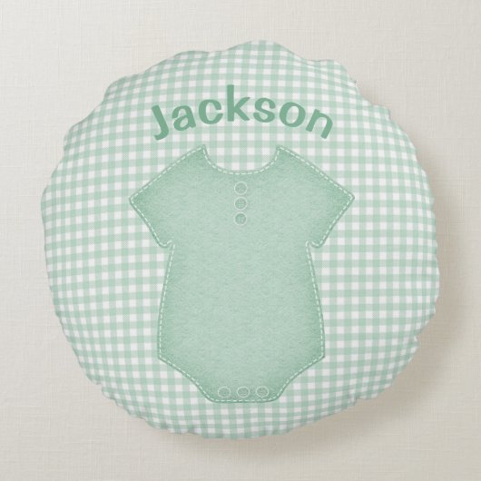 Aangepaste Baby Suit Play Gingham Nursery Name Rond Kussen (Achterkant)
