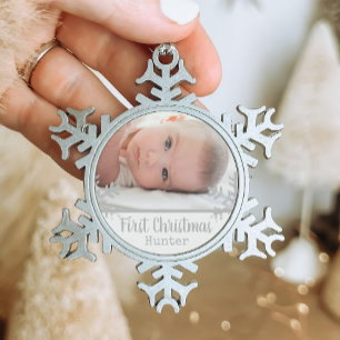 Aangepaste babyfoto eerste kerstmis witte sneeuwvl tin sneeuwvlok ornament