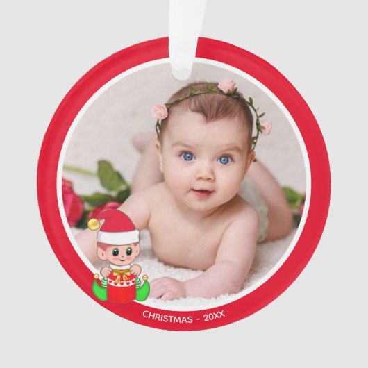 Aangepaste babyfoto met Kerstelf Ornament (voorkant)